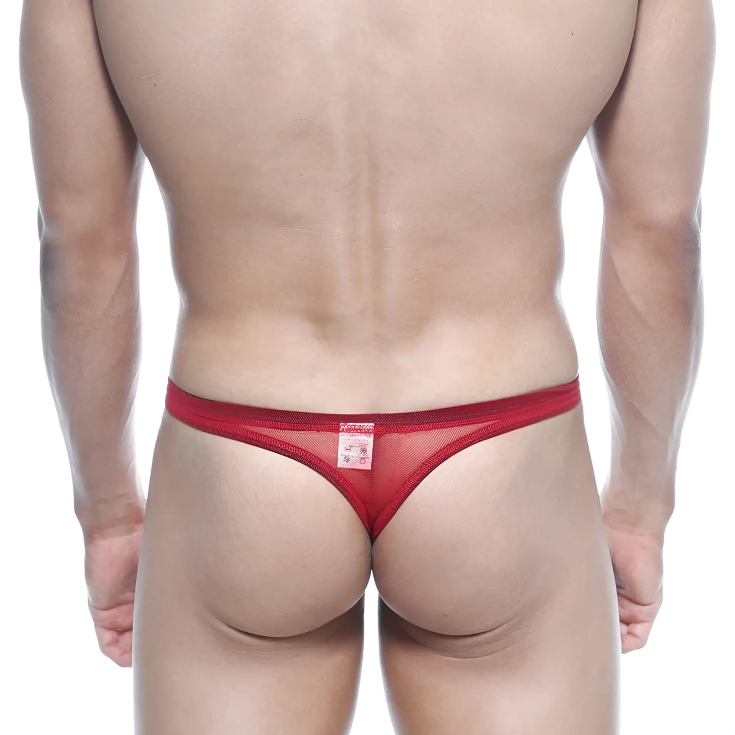 Back view of metro malewear net g red 1122-12 red mesh thong with small rectangular label and breathable material