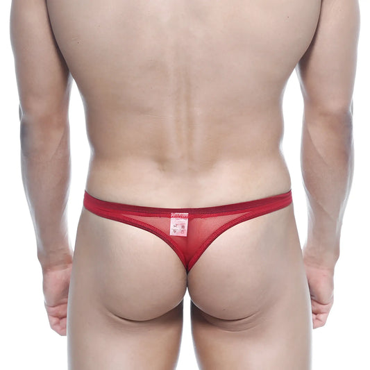 Back view of metro malewear net g red 1122-12 red mesh thong with small rectangular label and breathable material