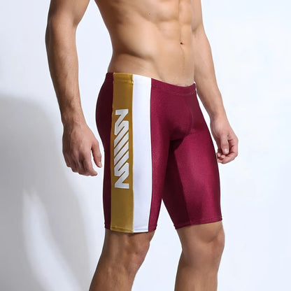 MetroMalewear new jammer swim boxer burgundy maroon and gold athletic shorts with white stripe and z logo