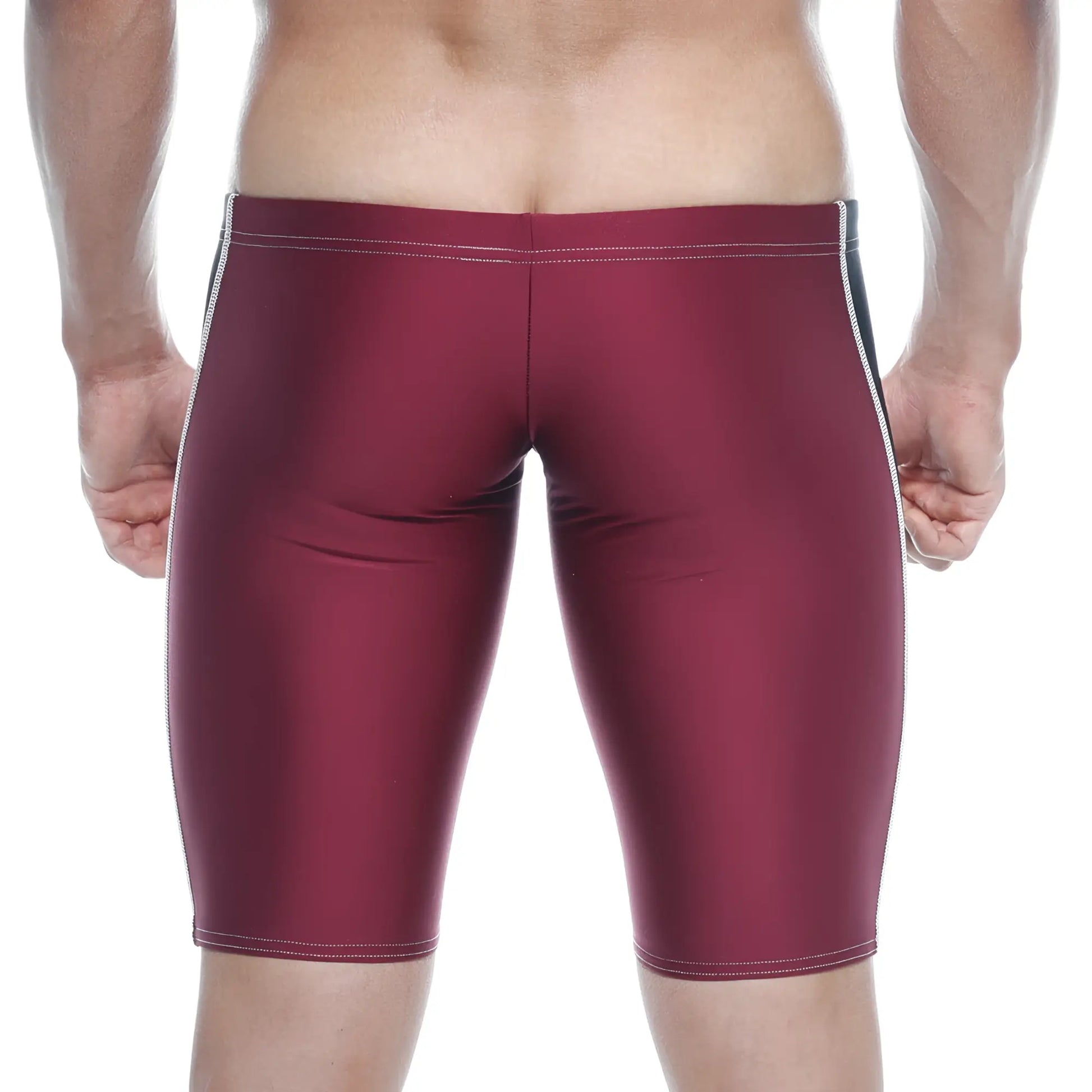 MetroMaleWear new jammer swim boxer burgundy with white and black side stripes designed for comfortable swimming