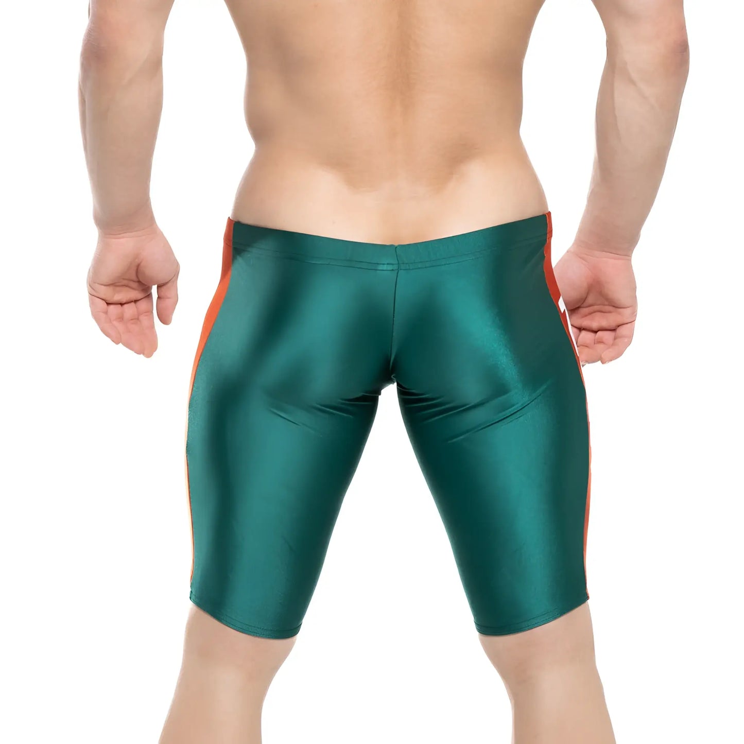 Shiny emerald green MetroMaleWear New Jammer swim boxer with bold orange side stripes and athletic fit