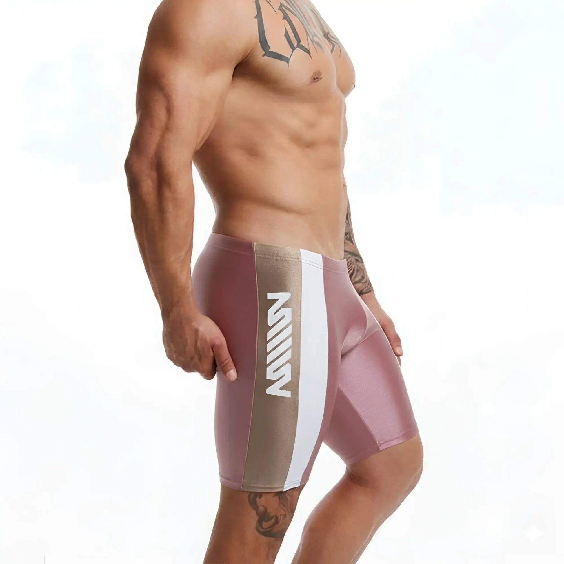 MetroMalewear new jammer swim boxer in pink and beige with a white vertical stripe featuring mill branding