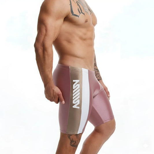 MetroMalewear new jammer swim boxer in pink and beige with a white vertical stripe featuring mill branding
