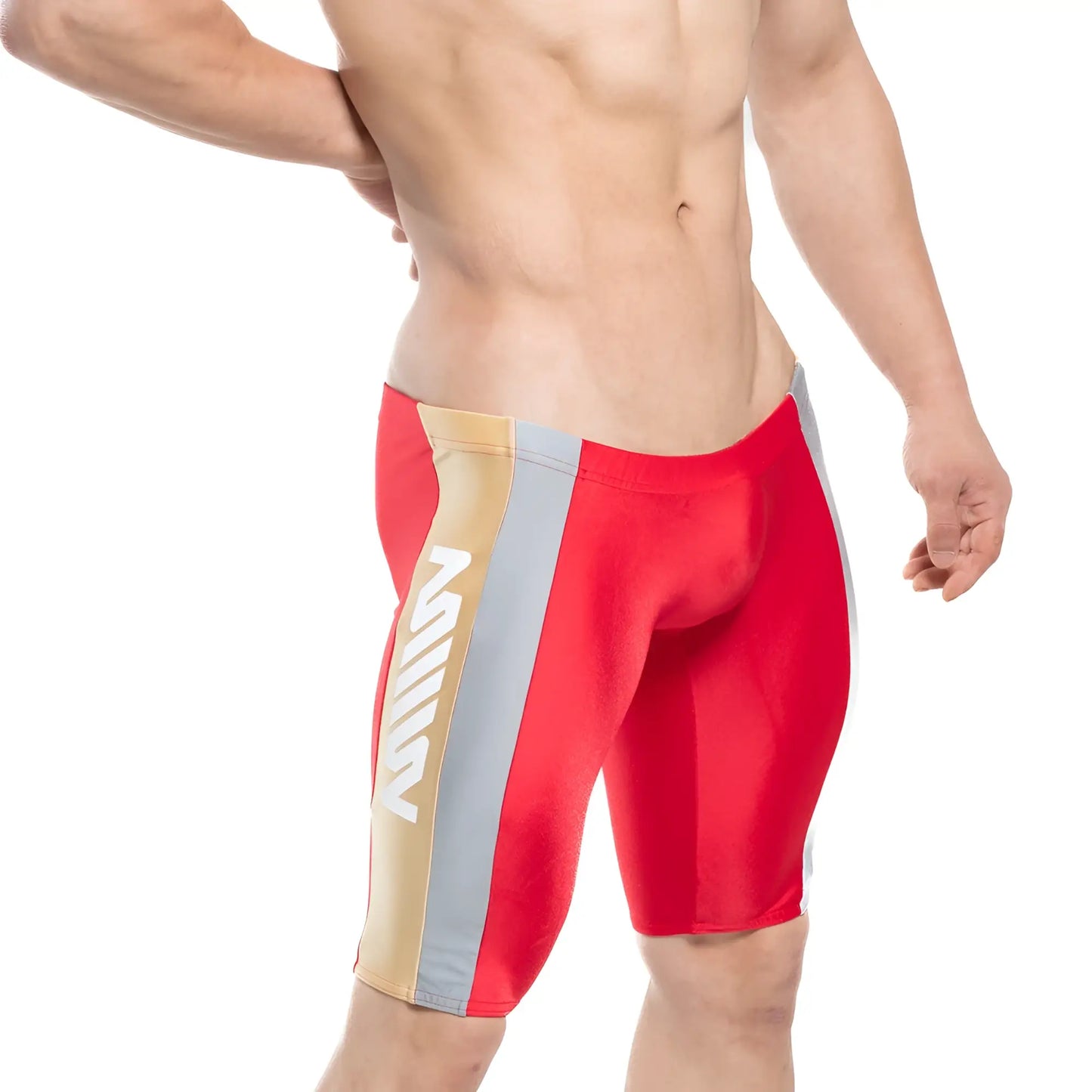 MetroMaleWear new jammer swim boxer in red with gold and gray vertical stripes for athletic use