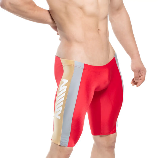 MetroMaleWear new jammer swim boxer in red with gold and gray vertical stripes for athletic use