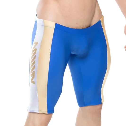Blue and beige royal jammer swim boxer with white side stripe and gold logo by metromalewear 4994-18