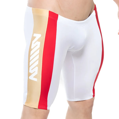White swim trunks with bold red and gold vertical stripes and a white m logo on the gold stripe from metromalewear