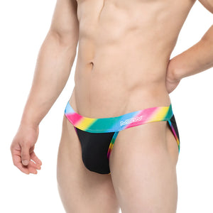 Black briefs with vibrant rainbow-striped waistband and mew logo metroMalewear new pride bikini black 3004-58