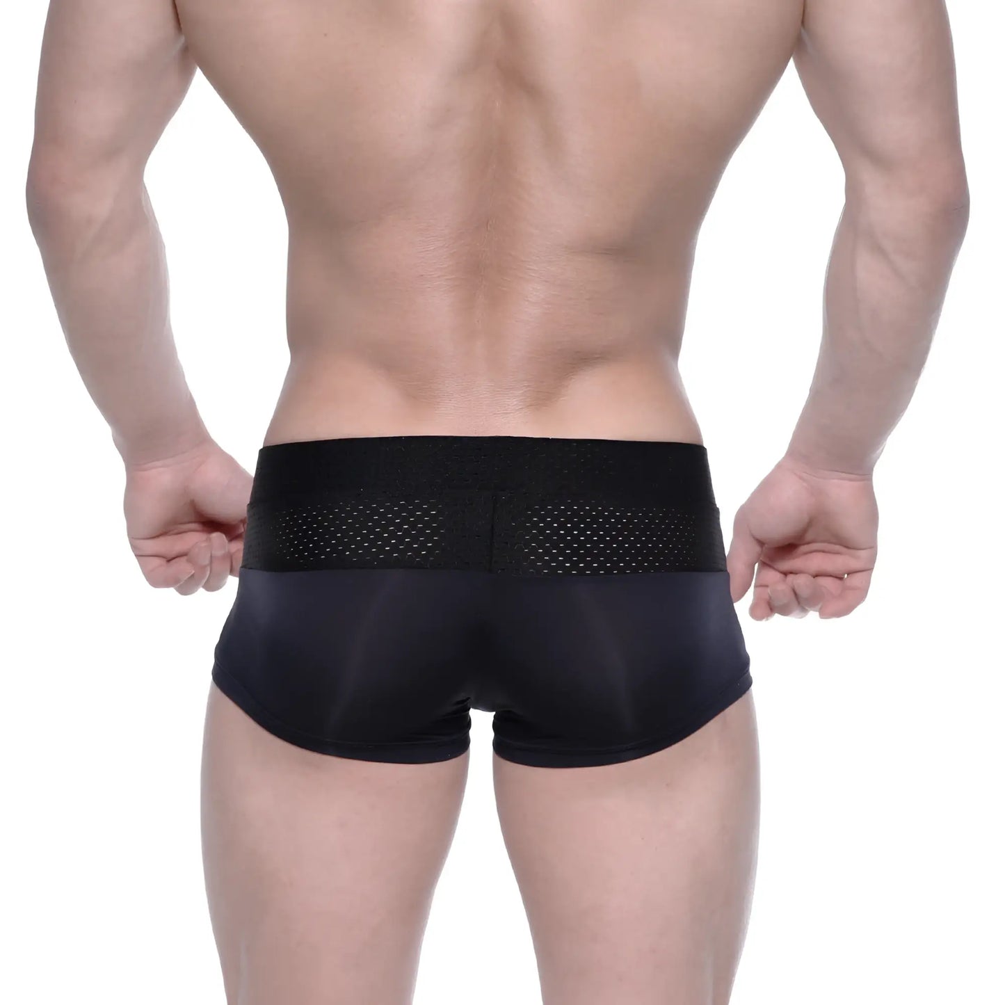 Black MetroMaleWear Noto trunk athletic briefs with breathable mesh panel on waistband for enhanced comfort and support