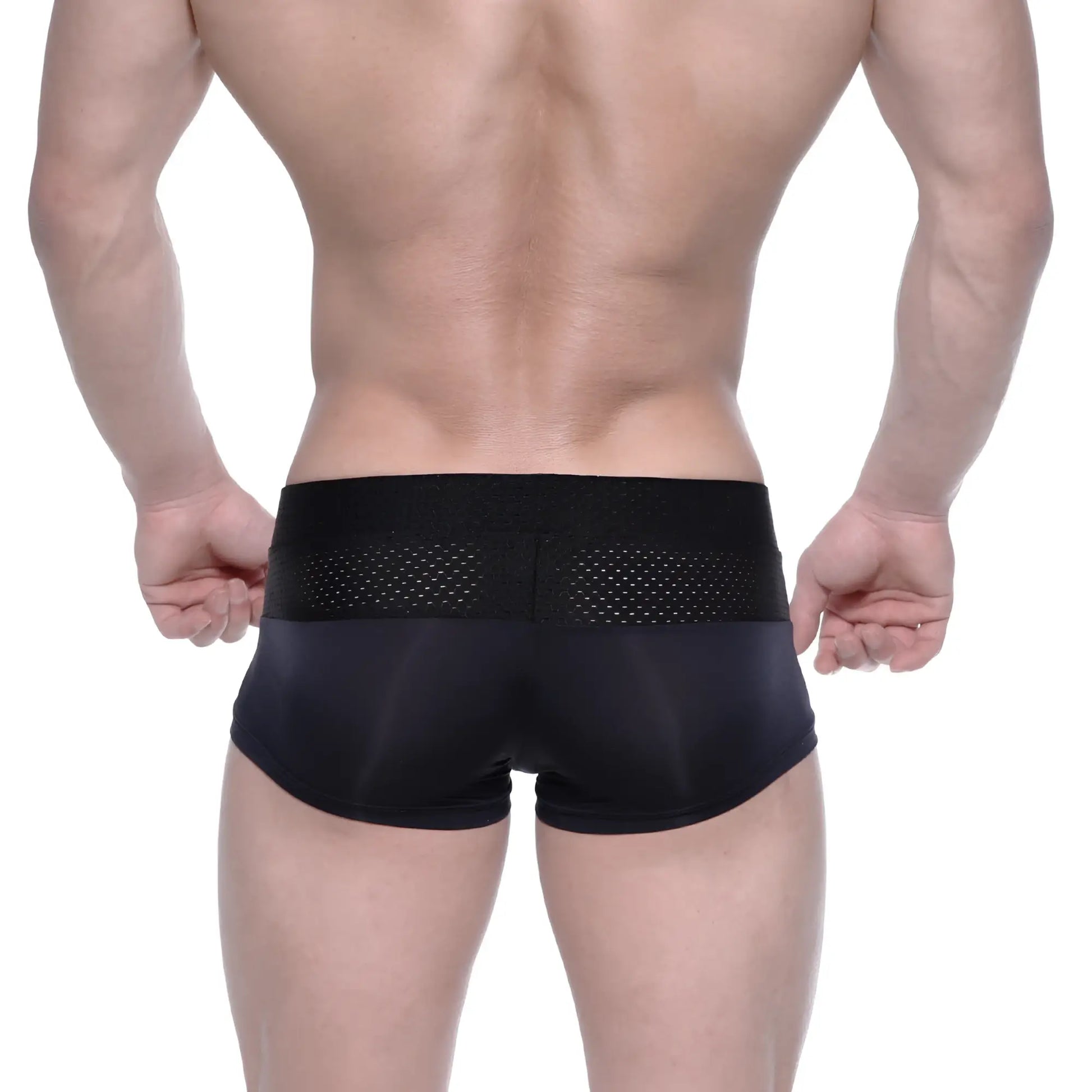 Black MetroMaleWear Noto trunk athletic briefs with breathable mesh panel on waistband for enhanced comfort and support