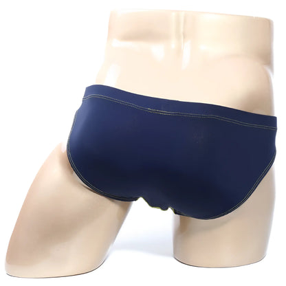 Navy blue MetroMaleWear NUCLEO bikini briefs with contrasting light green stitching for comfortable wear