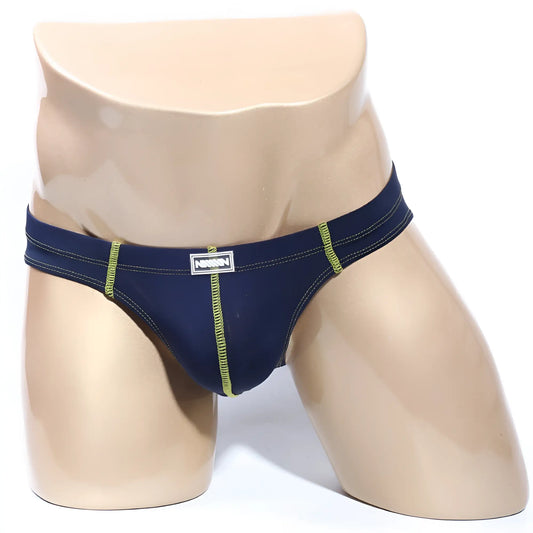 Nixon metroMalewear NUCLEO bikini briefs navy blue with lime green stitching and white logo patch front view
