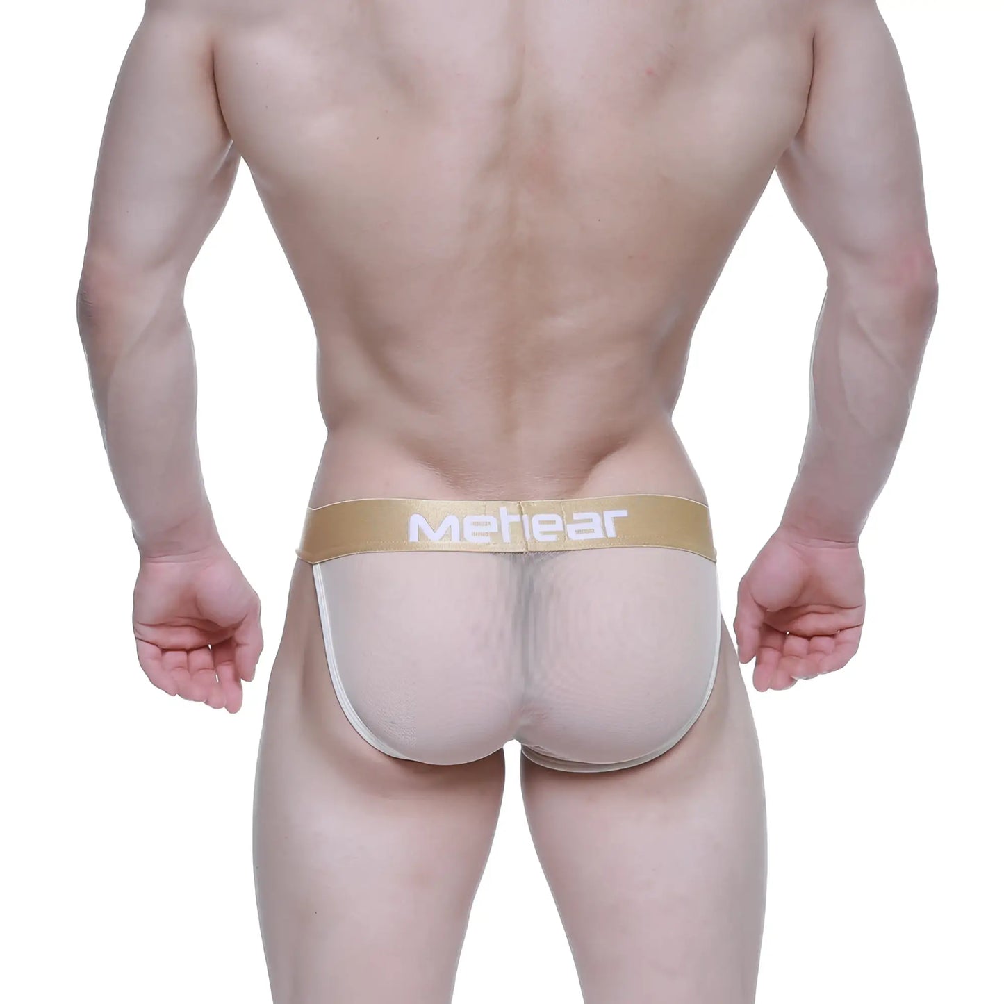 Beige mesh briefs with a gold metear logo waistband from MetroMaleWear nude bikini 3004-33 product line