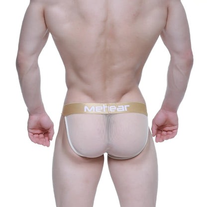 Beige mesh briefs with a gold metear logo waistband from MetroMaleWear nude bikini 3004-33 product line