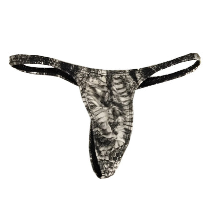 Black and gray snake-scale patterned thong with sleek form-fitting design by MetroMaleWear Oceano Thong Snake 1032-60