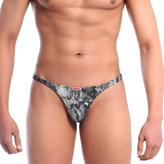 Black and gray snake-scale patterned mens thong with red brand tag from MetroMaleWear Oceano Thong 1032-60
