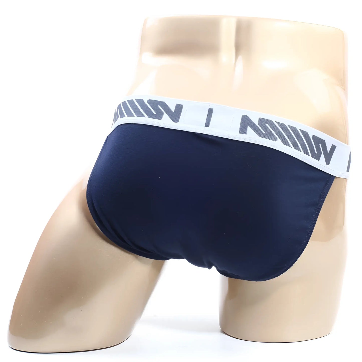 MetroMalewear olla bikini 3004-d28 navy blue briefs with white elastic waistband and gray lettering