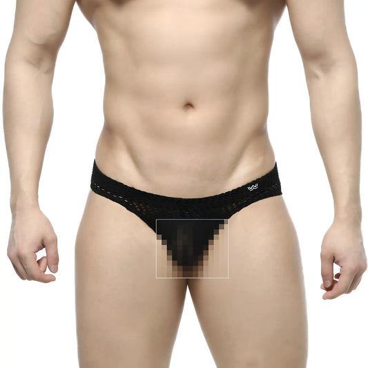 Black lace-trimmed men’s thong with subtle logo on waistband metro male wear onda bikini black 5103-34