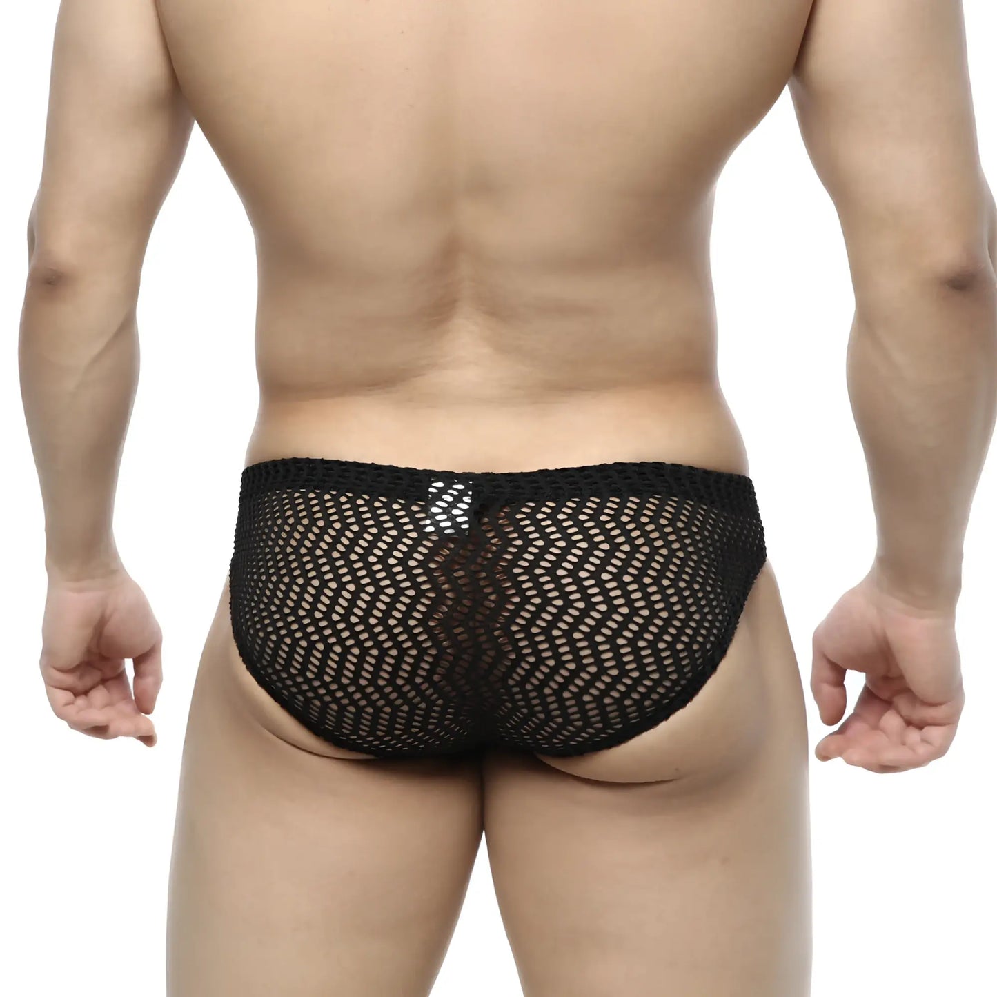 MetroMaleWear Onda bikini black mesh briefs with hexagonal pattern and solid waistband front view