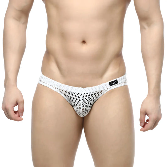 White mesh briefs with a geometric pattern and black MetroMaleWear logo on waistband in onda bikini style