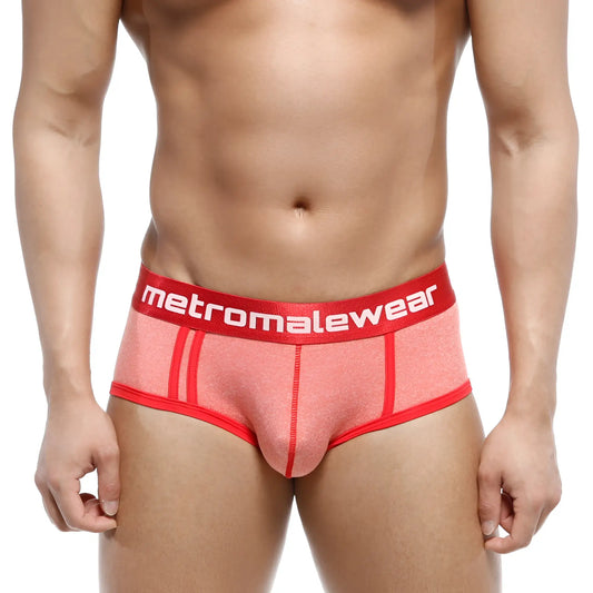 MetroMaleWear oriental brief orange 5005-14 coral textured fabric with bold red waistband and white logo lettering