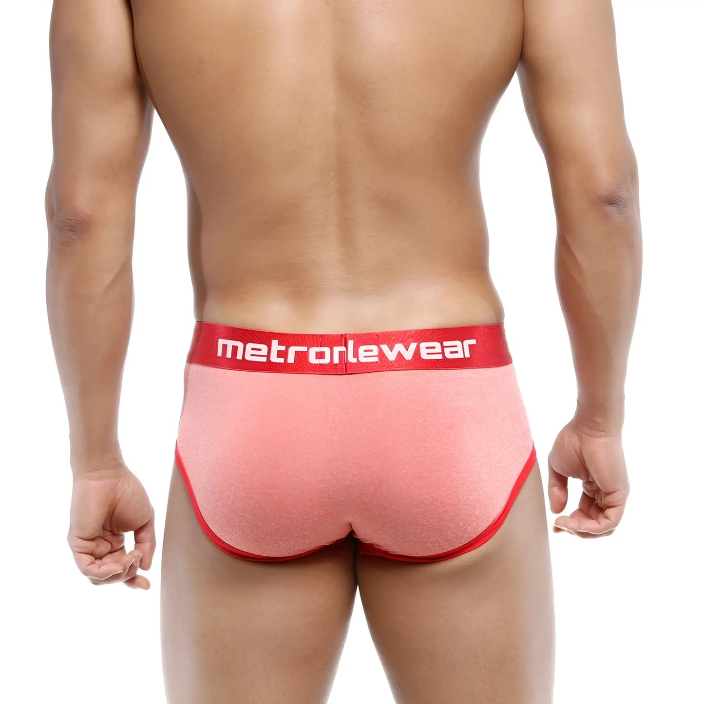 Pink textured briefs with red trim and matching red metroMaleWear logo waistband metroMaleWear oriental brief orange 5005-14