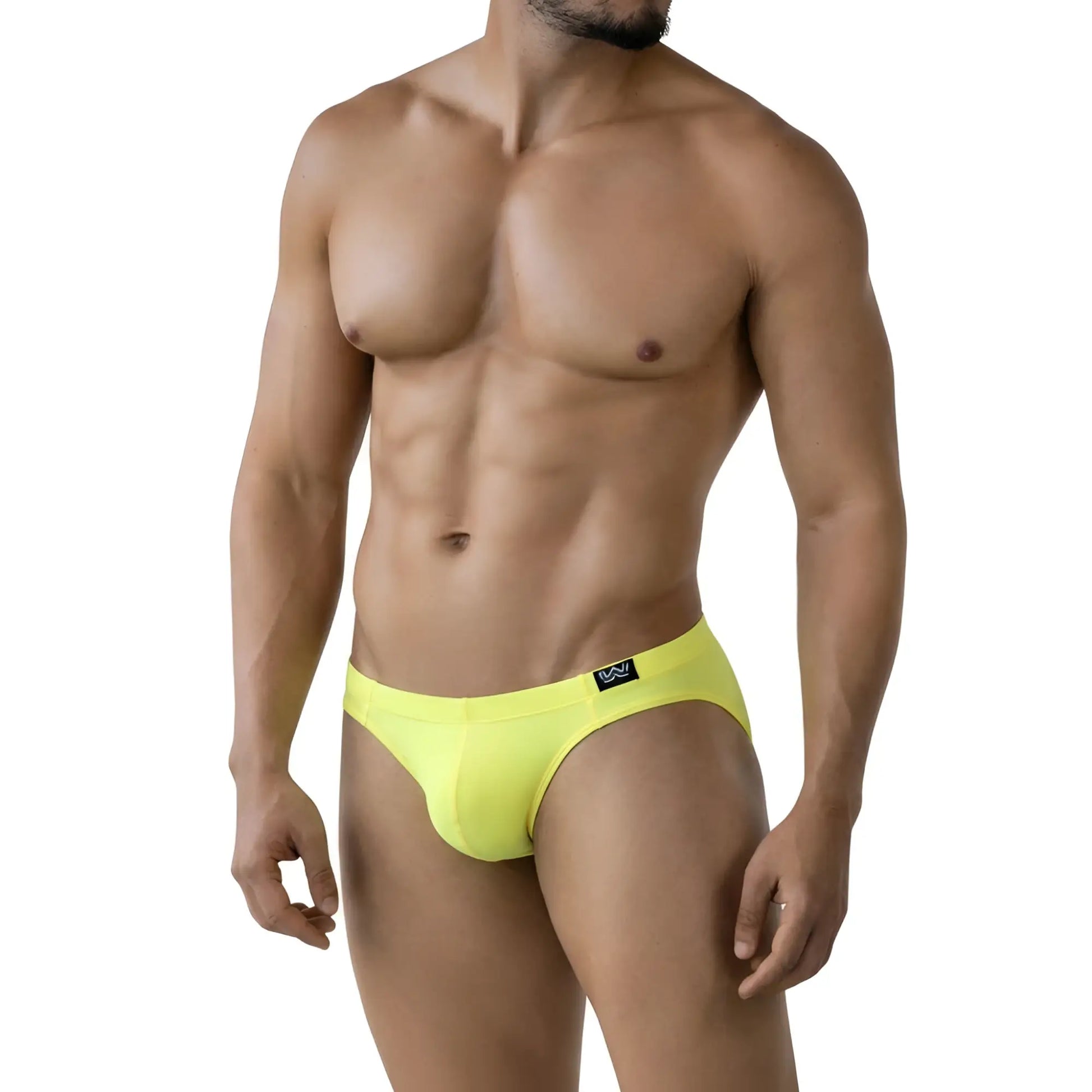 Bright yellow MetroMaleWear Oro Bikini 5103-17 men’s briefs with black logo waistband made of soft breathable fabric