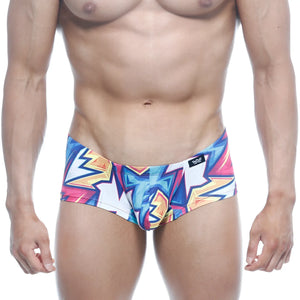 MetroMaleWear Oscar Boxer Atractivo 2125-33 swim trunks with bold blue pink and yellow geometric comic-book patterns
