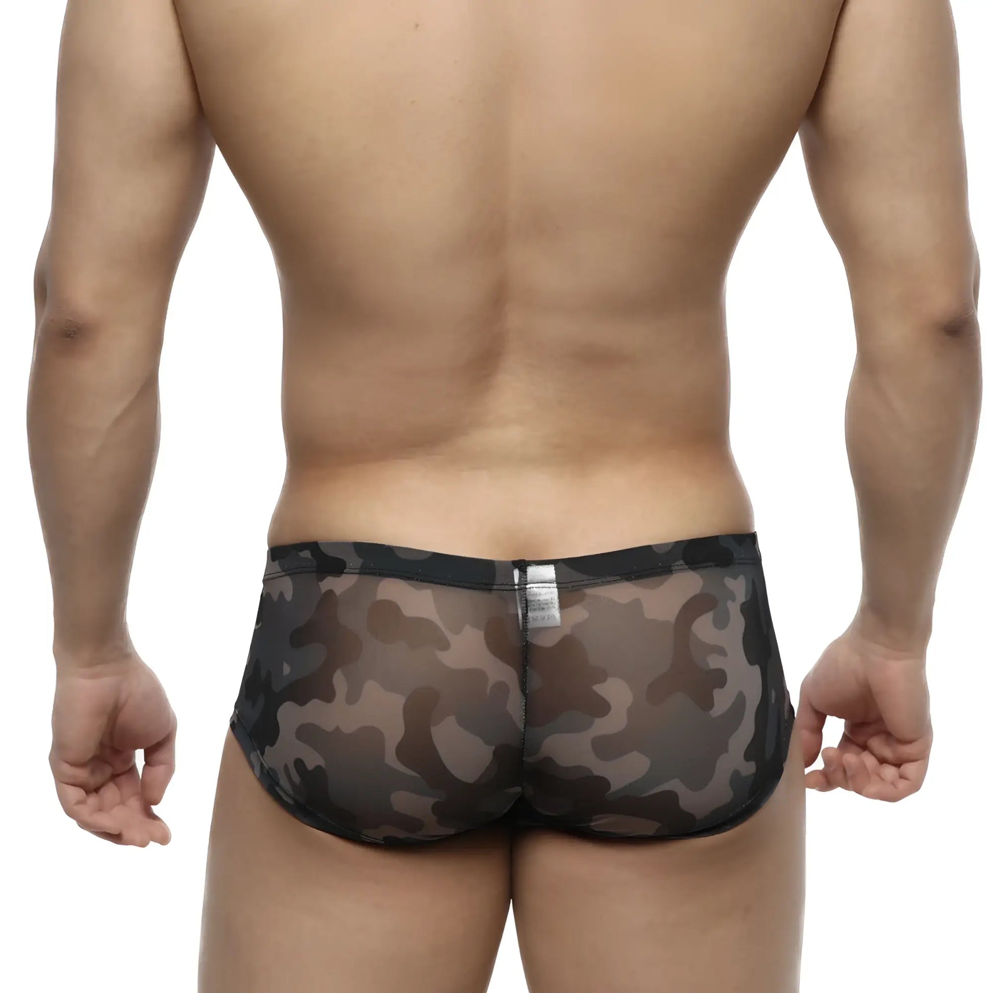 MetroMaleWear Oscar boxer camouflage sheer mesh briefs in black and brown with a camouflage pattern