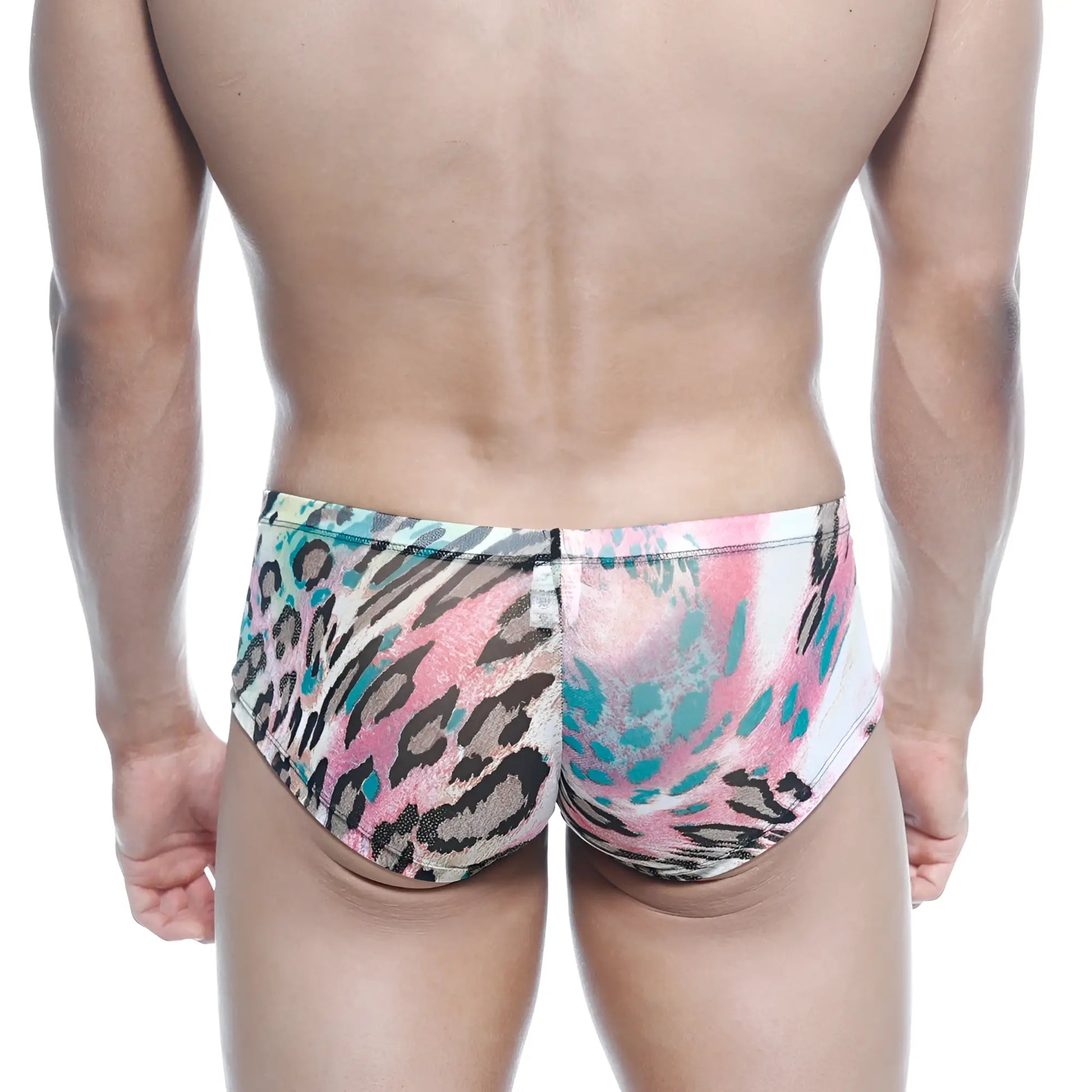 MetroMaleWear Oscar Boxer Fenrir 2125-79 vibrant pink and teal leopard-print swim trunks with glossy patterned fabric