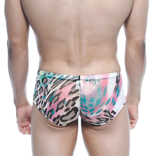 MetroMaleWear Oscar Boxer Fenrir 2125-79 vibrant pink and teal leopard-print swim trunks with glossy patterned fabric