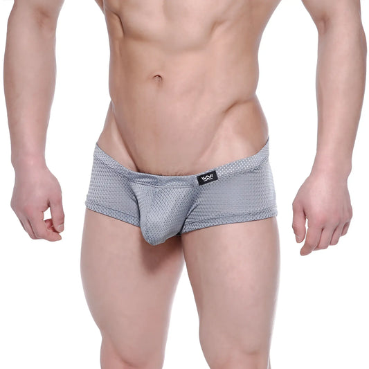 MetroMaleWear Oscar boxer gray mesh briefs with subtle dotted pattern and black logo on waistband front view