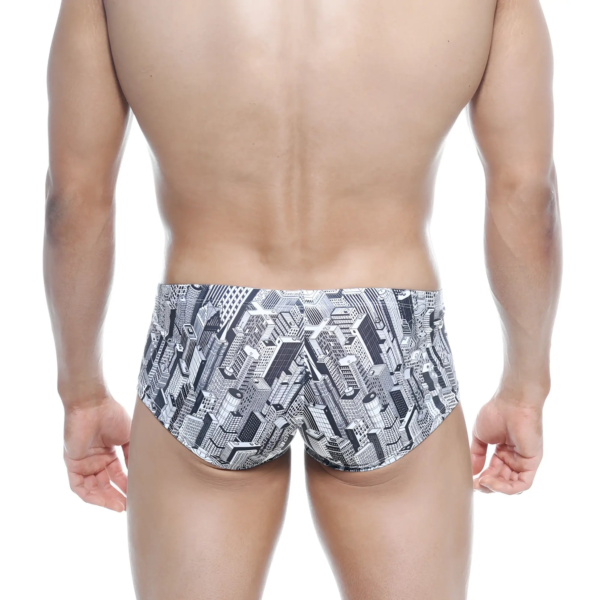 Black and white graphic swim trunks with cityscape pattern from metromalewear oscar boxer metro 2125-48