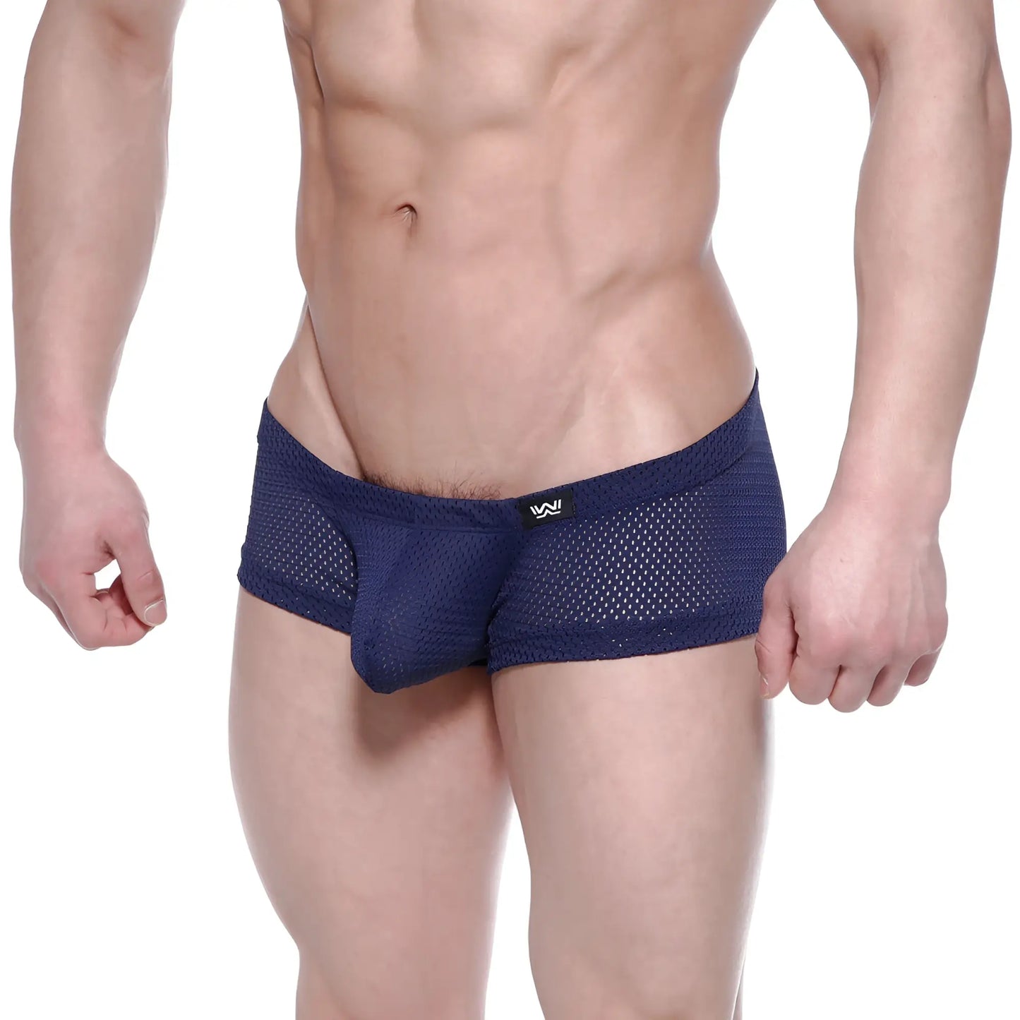 Navy blue mesh boxer briefs with subtle metro male wear logo on waistband for comfortable everyday wear