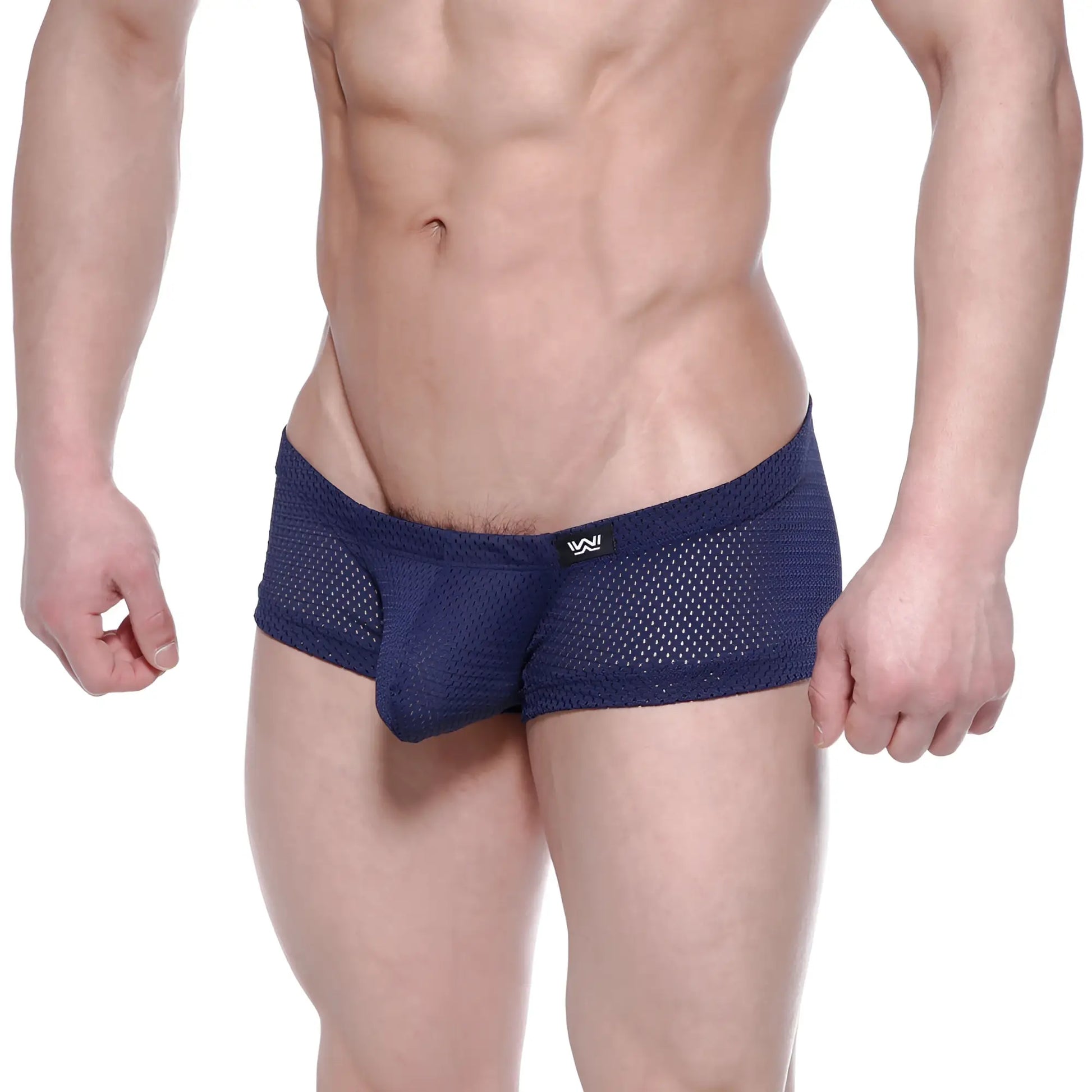 Navy blue mesh boxer briefs with subtle metro male wear logo on waistband for comfortable everyday wear