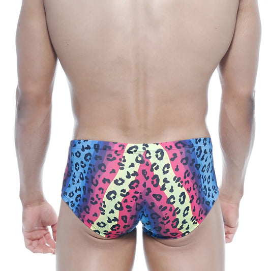 MetroMaleWear Oscar boxer neon swim trunks with vibrant multicolored pink blue yellow leopard print pattern