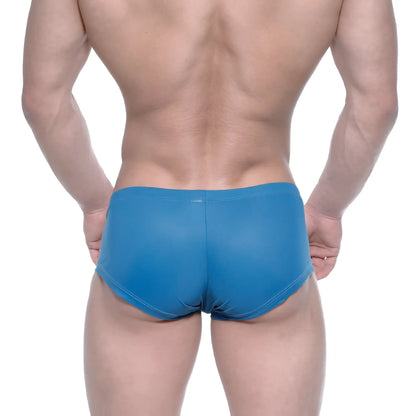 Blue form-fitting swim trunks with a smooth glossy finish from MetroMaleWear Oscar Boxer Petrol 2125-08