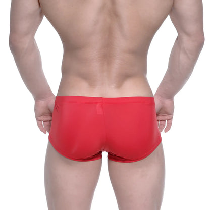 Back view of metallalewear oscar boxer red form-fitting swim trunks with smooth stretchy fabric and small back pocket
