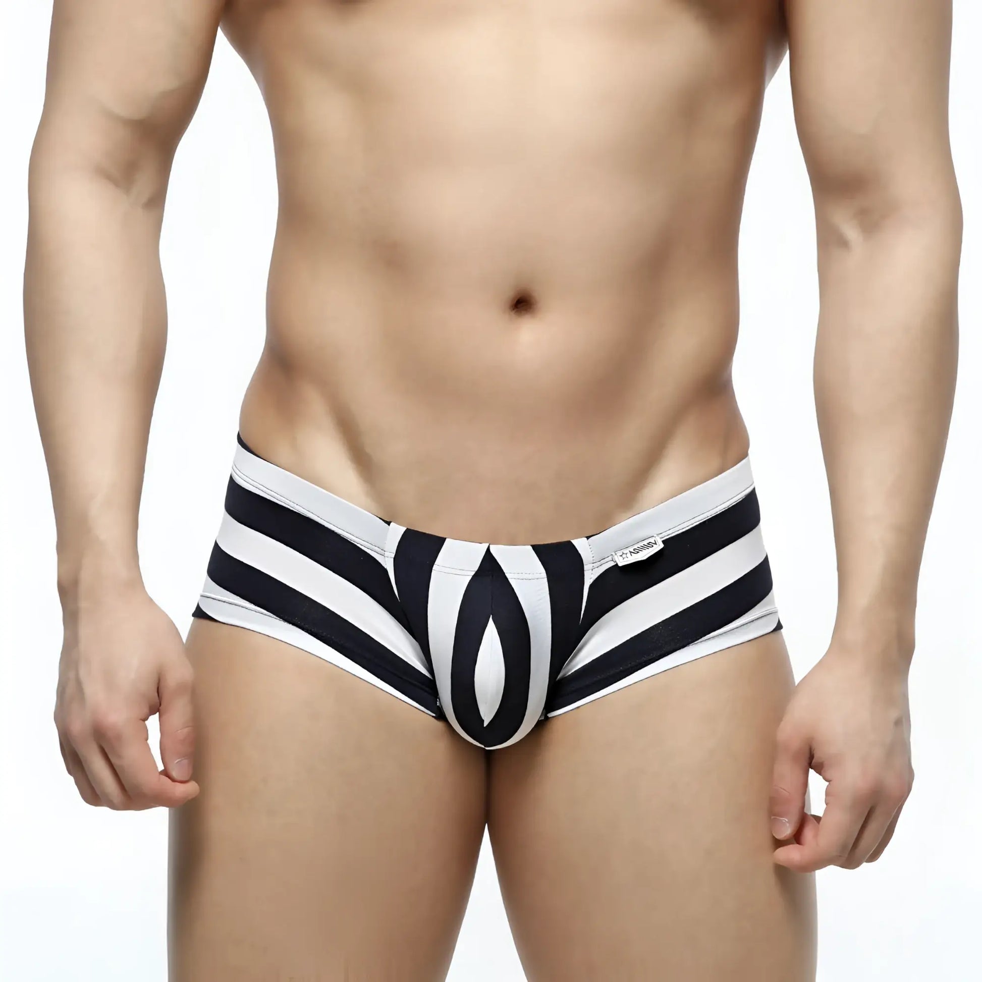Black and white striped mens briefs with bold geometric pattern by metromalewear oscar boxer stripe 2125-41
