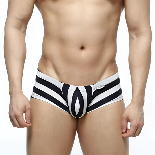 Black and white striped mens briefs with bold geometric pattern by metromalewear oscar boxer stripe 2125-41