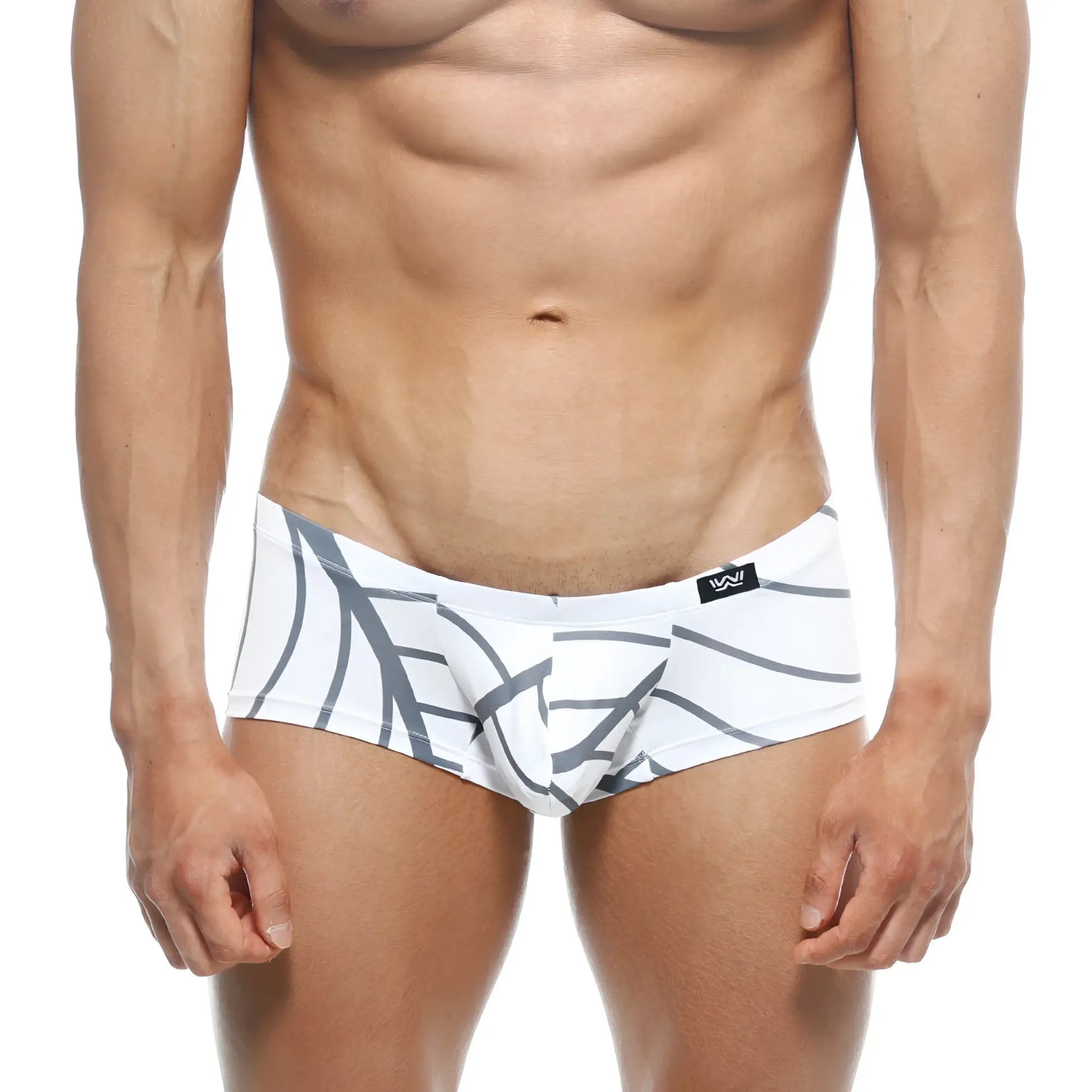 White swim trunks with bold gray abstract leaf pattern and black metroMalewear logo on waistband metroMalewear Oscar boxer