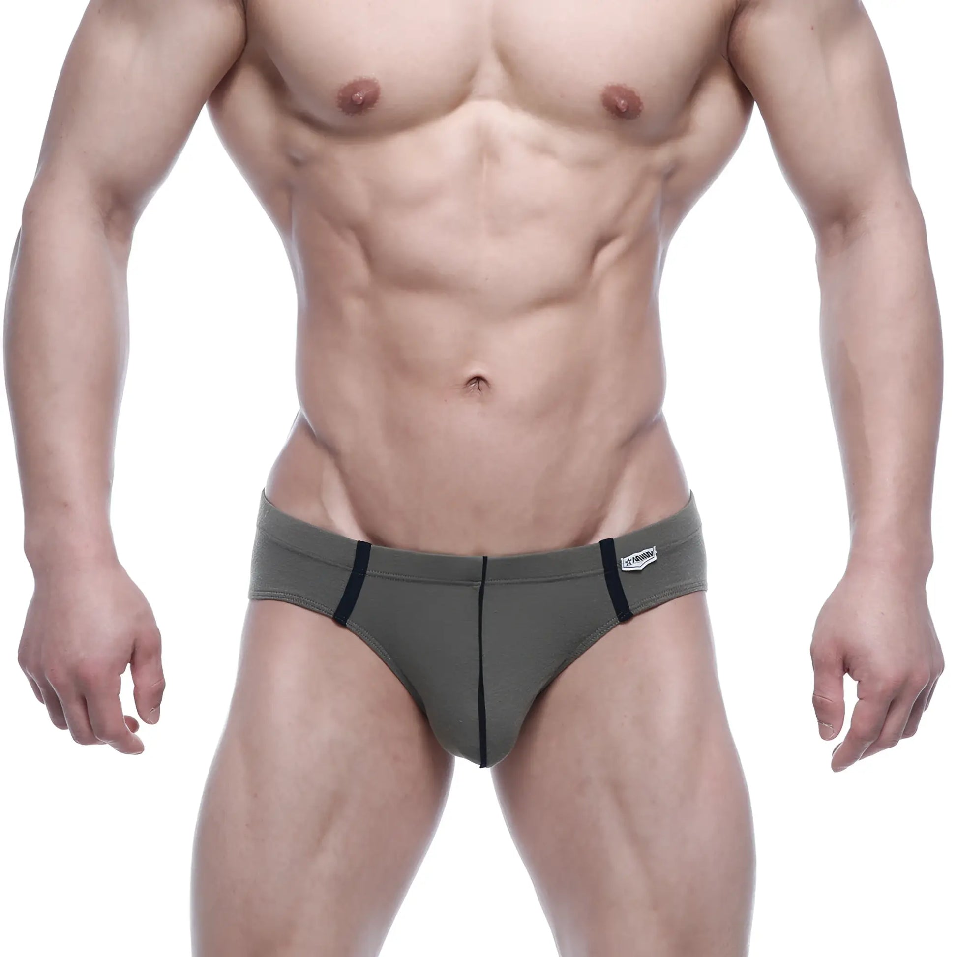 Olive green MetroMaleWear Oslo hip brief with black trim and white brand tag on waistband designed for athletic use