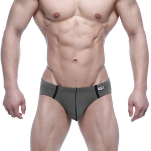 Olive green MetroMaleWear Oslo hip brief with black trim and white brand tag on waistband designed for athletic use