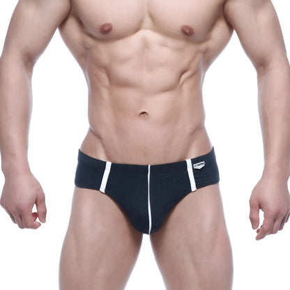 Metro male wear oslo charcoal black briefs with white side stripes and small logo on waistband front view