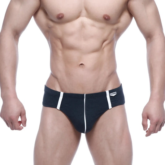Metro male wear oslo charcoal black briefs with white side stripes and small logo on waistband front view