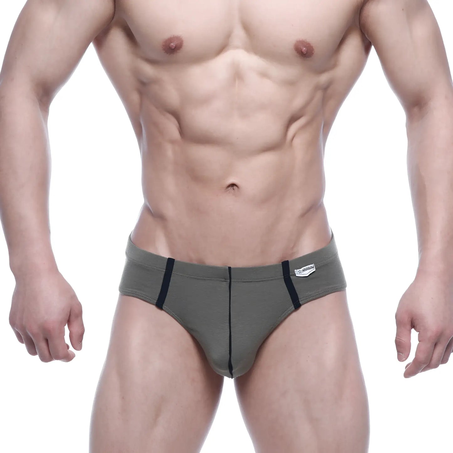 MetroMaleWear Oslo thong briefs in olive green with black side stripes and a white brand tag on the waistband