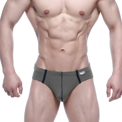 MetroMaleWear Oslo thong briefs in olive green with black side stripes and a white brand tag on the waistband