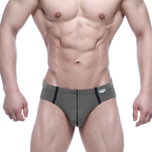 MetroMaleWear Oslo thong briefs in olive green with black side stripes and a white brand tag on the waistband