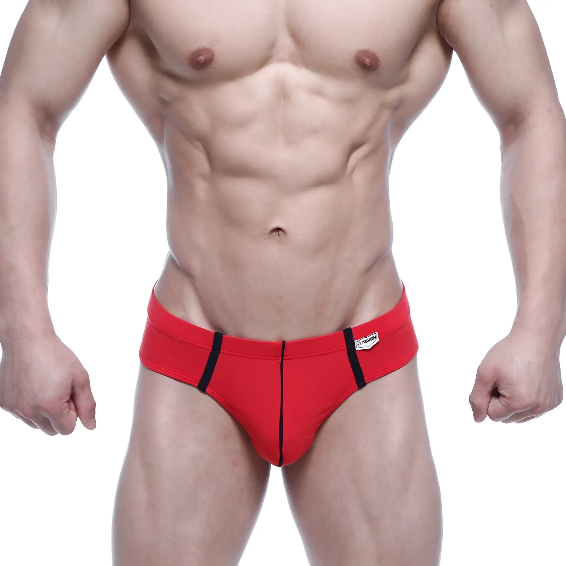 MetroMaleWear Oslo thong red athletic briefs with black side stripes and a small white brand tag on the waistband