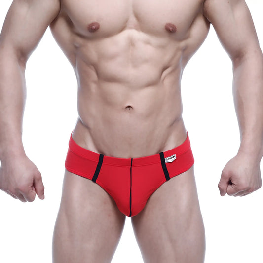 MetroMaleWear Oslo thong red athletic briefs with black side stripes and a small white brand tag on the waistband